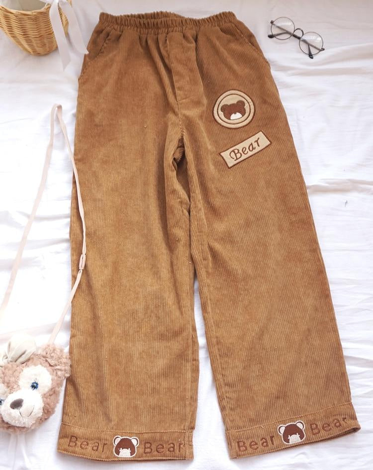 Kawaii brown teddy bear cord pants corduroy mori girl style