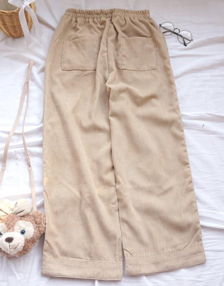 Kawaii brown teddy bear cord pants corduroy mori girl style