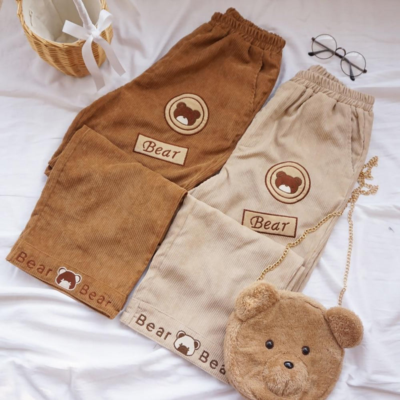 Kawaii brown teddy bear cord pants corduroy mori girl style