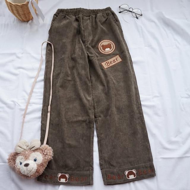 Kawaii brown teddy bear cord pants corduroy mori girl style