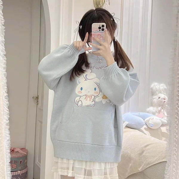 Kawaii bue cinnamoroll daisy knit crewneck sweater