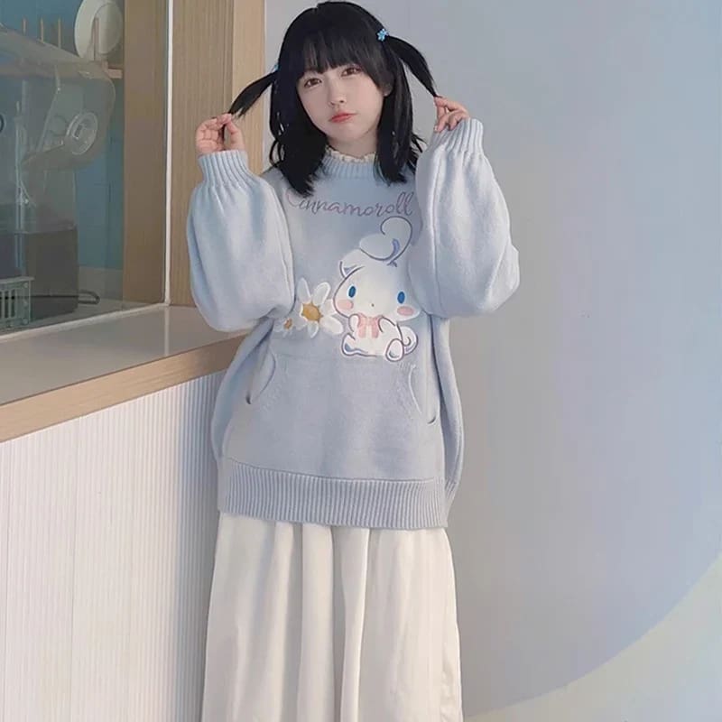 Kawaii bue cinnamoroll daisy knit crewneck sweater