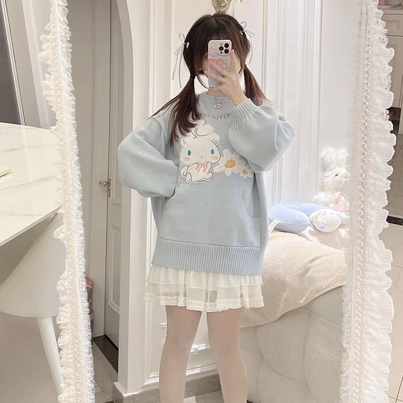 Kawaii bue cinnamoroll daisy knit crewneck sweater