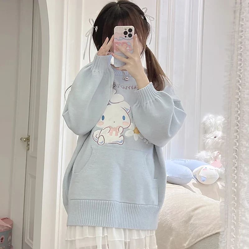 Kawaii bue cinnamoroll daisy knit crewneck sweater