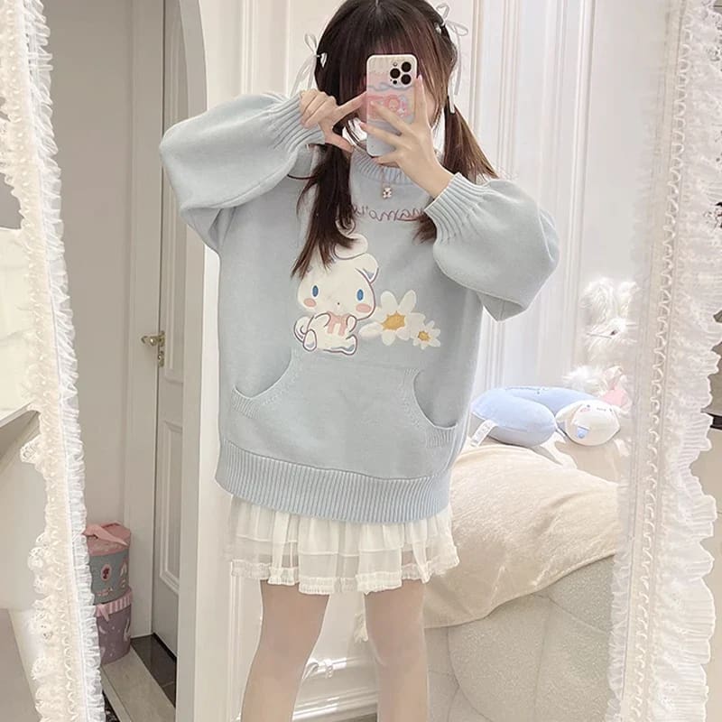 Kawaii bue cinnamoroll daisy knit crewneck sweater