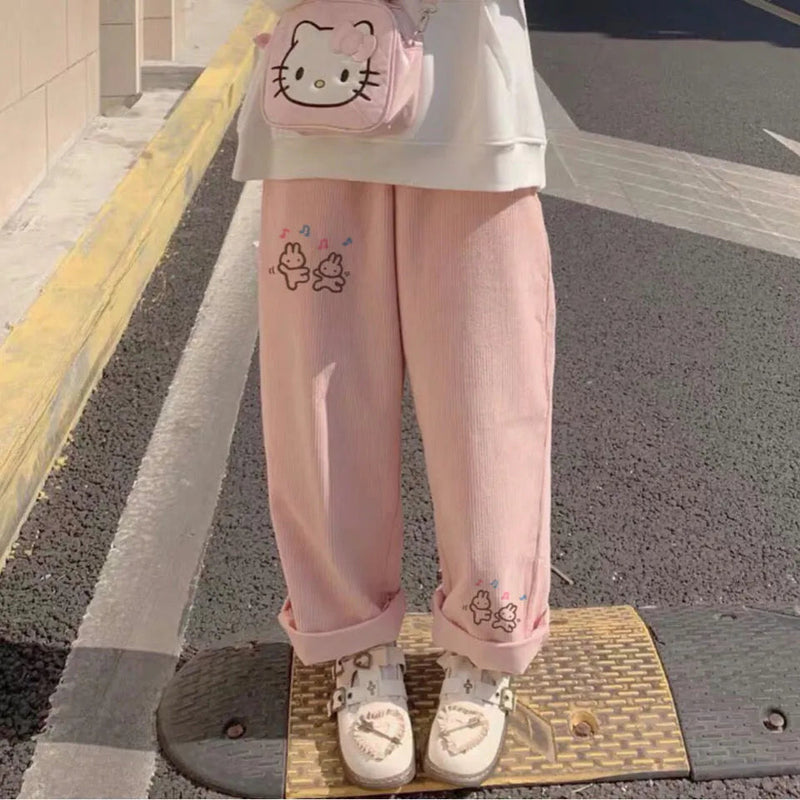 Bunny friends pink corduroy pants - cords - corduroy - kawaii - pants - pastel