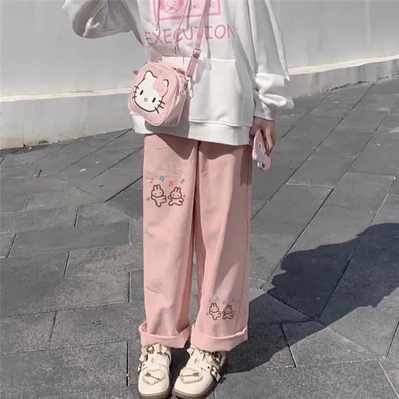 Bunny friends pink corduroy pants - cords - corduroy - kawaii - pants - pastel