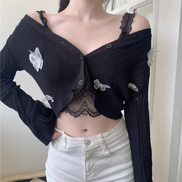 Black Kawaii Soft Butterfly Knitted Black Cardigan | Kawaii Babe