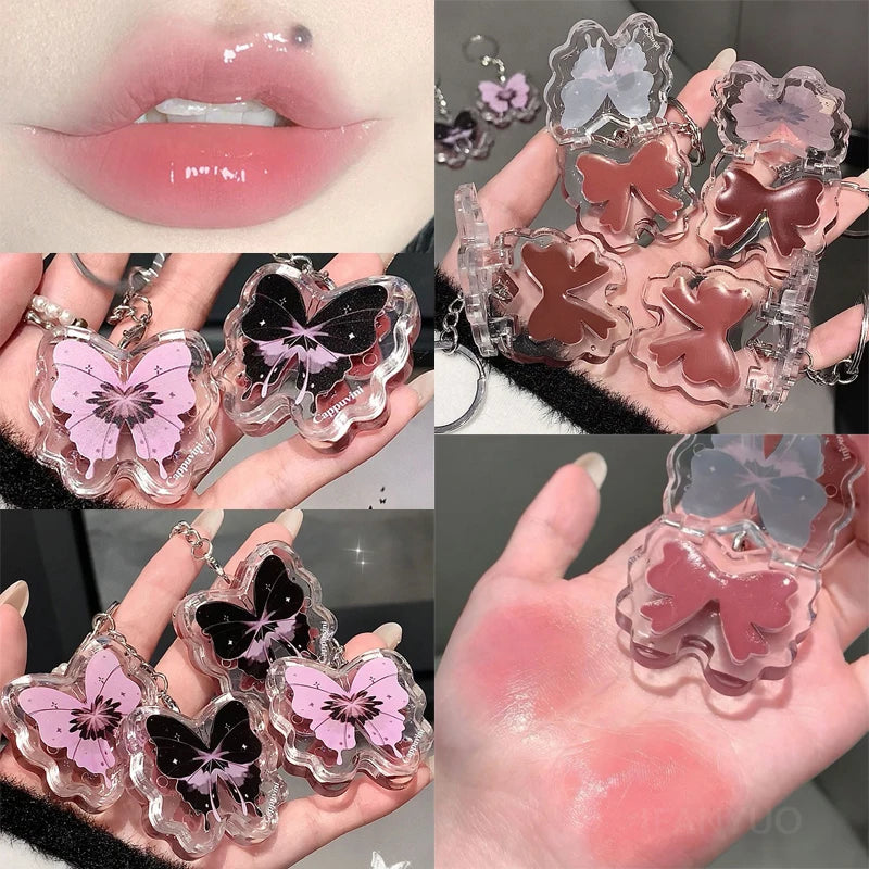 Butterfly Lip Gloss Keychain with Mirror and Cute Glossy Lip Color
