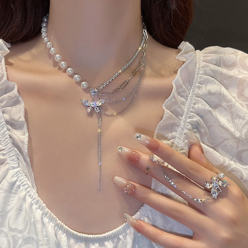 Silver Butterfly & Pearl Chain Necklace Choker | Kawaii Babe