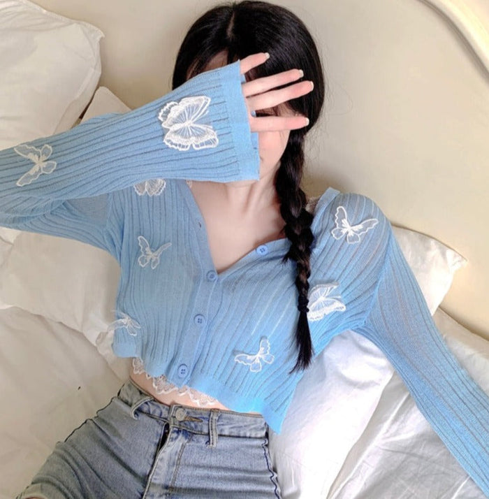 Kawaii Butterfly Sky Knitted Blue Cardigan Crop Top | Kawaii Babe