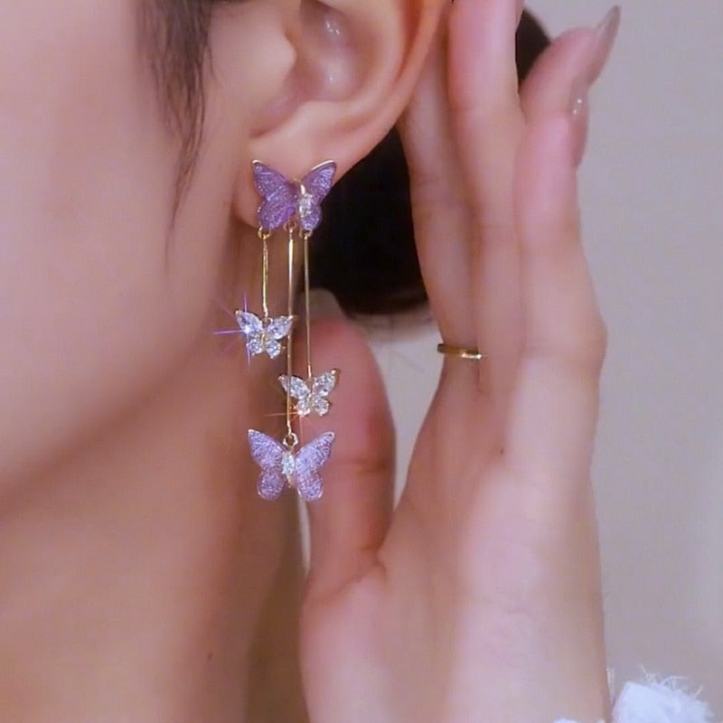 Butterfly wing tassel ear clips - butterfly - earrings - jewelry - kawaii