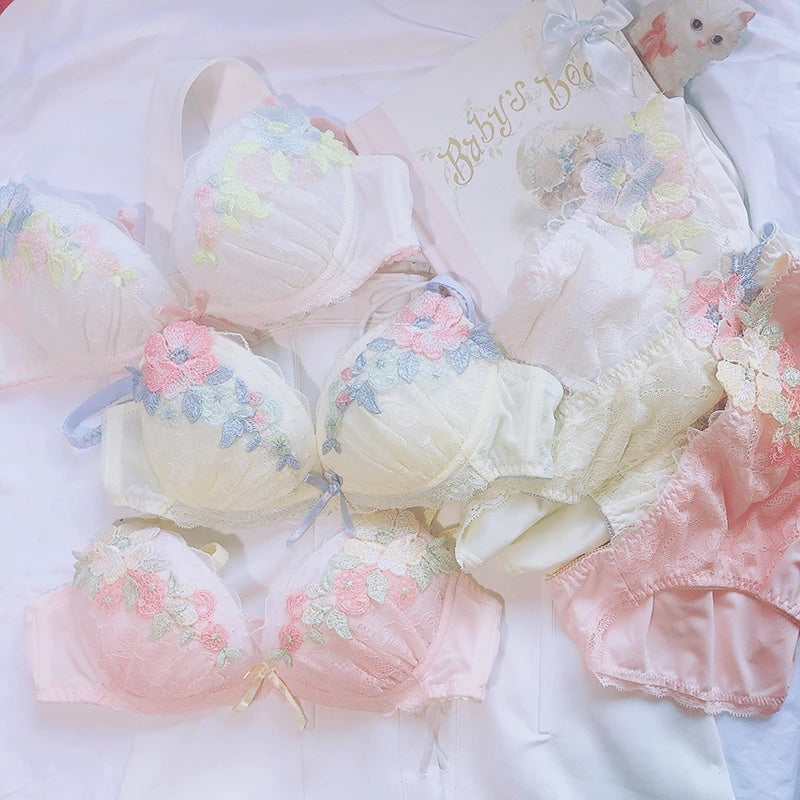 Bra for Teenage Girl Lolita Style Pink Push Up Bras Floral Lace Underwear  Cute Sweet Bralette with Underwire Gathered Brasieres