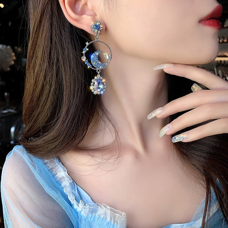 Kawaii celestial glittering star and moon drop earrings