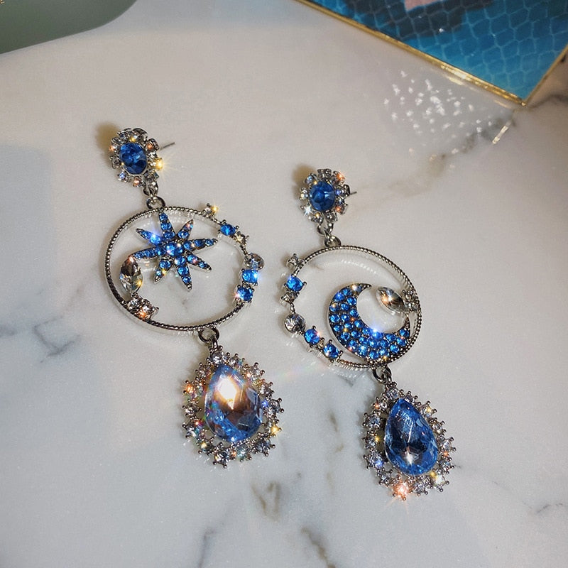 Kawaii celestial glittering star and moon drop earrings