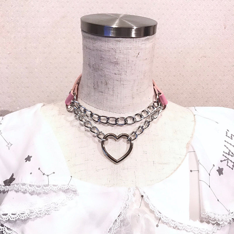 Kawaii chained valentine choker necklace collar heart loop babe