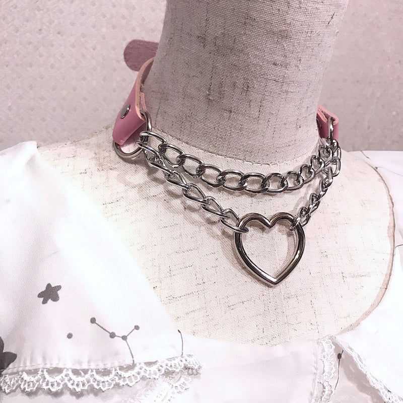 Kawaii chained valentine choker necklace collar heart loop babe