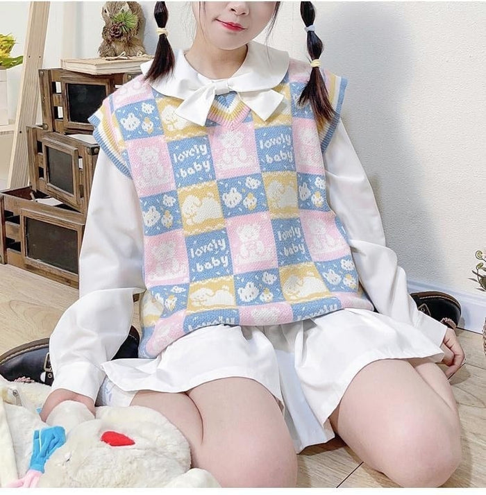 Checkered Bear Knit Vest – Kawaii Babe