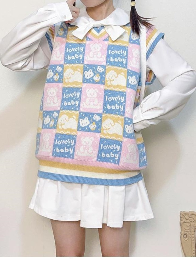 Checkered bear knit vest - fairy-kei - kawaii - knit top - knitwear - plaid
