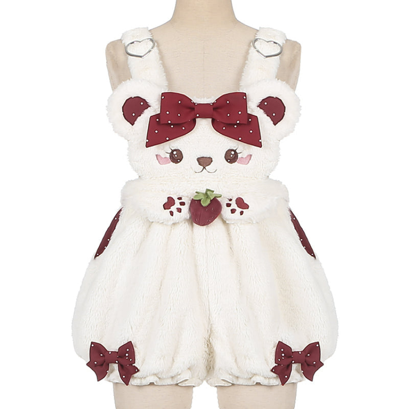 Cherry berry bear fuzzy overalls - berries - coveralls - fuzzy material - overalls - strawberry bear