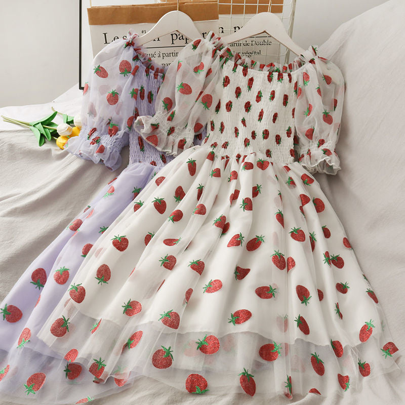 Chiffon strawberry puff sleeve dress - kawaii - layered - puff - puffed - sheer