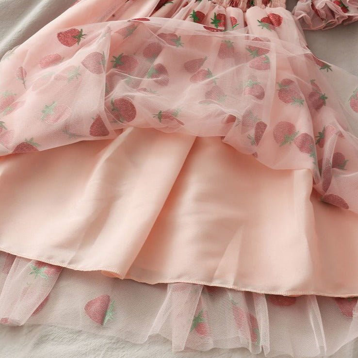 Chiffon strawberry puff sleeve dress - kawaii - layered - puff - puffed - sheer