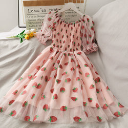 Chiffon Strawberry Pretty Puff Sleeve Dress