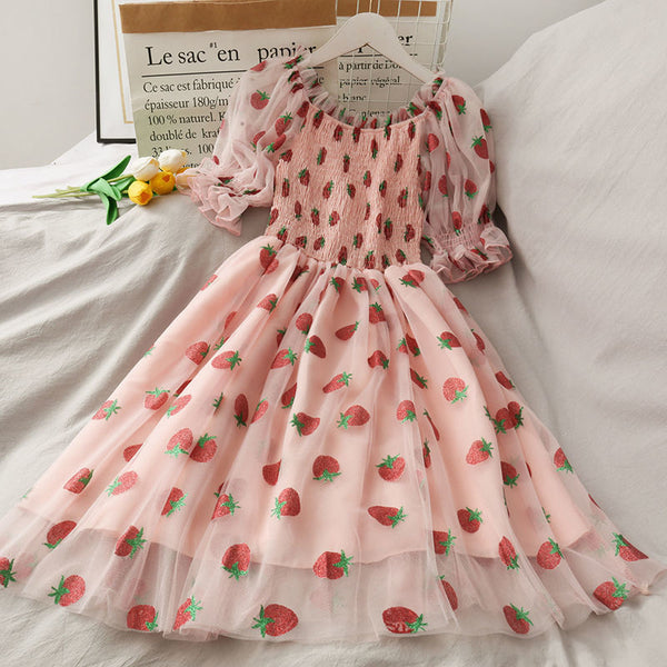 Chiffon strawberry puff sleeve dress - kawaii - layered - puff - puffed - sheer