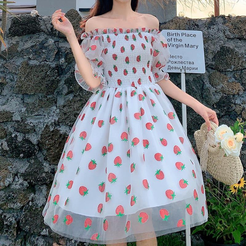 Chiffon strawberry puff sleeve dress - kawaii - layered - puff - puffed - sheer