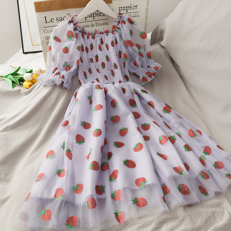 Chiffon strawberry puff sleeve dress - kawaii - layered - puff - puffed - sheer