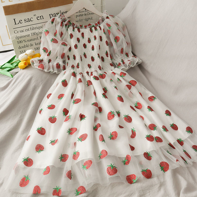 Chiffon strawberry puff sleeve dress - kawaii - layered - puff - puffed - sheer