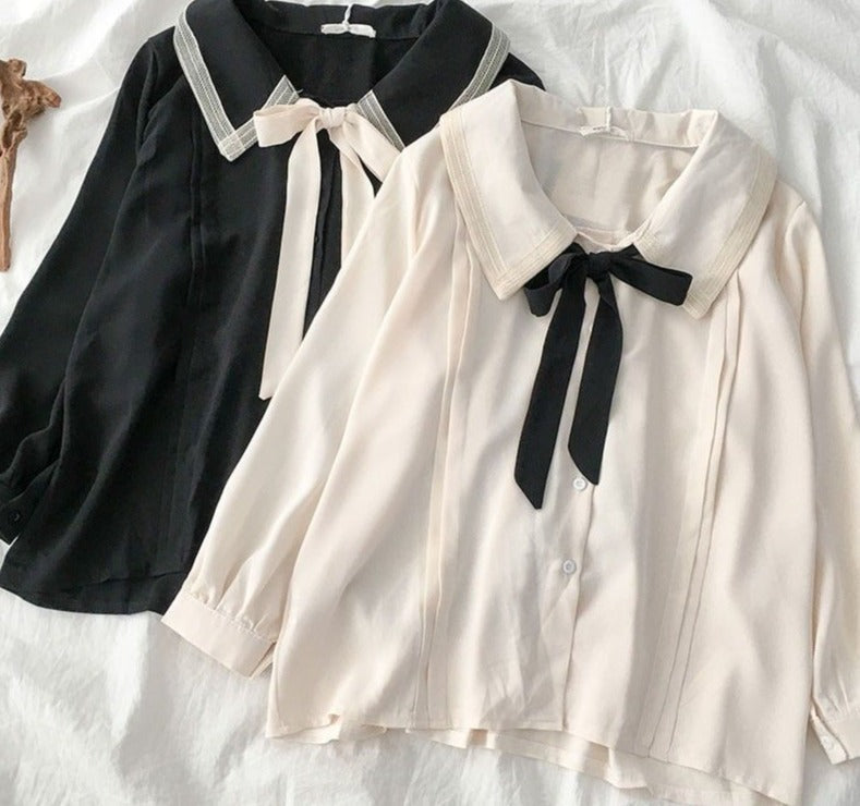 Classic academia black or cream collared blouse lolita shirt