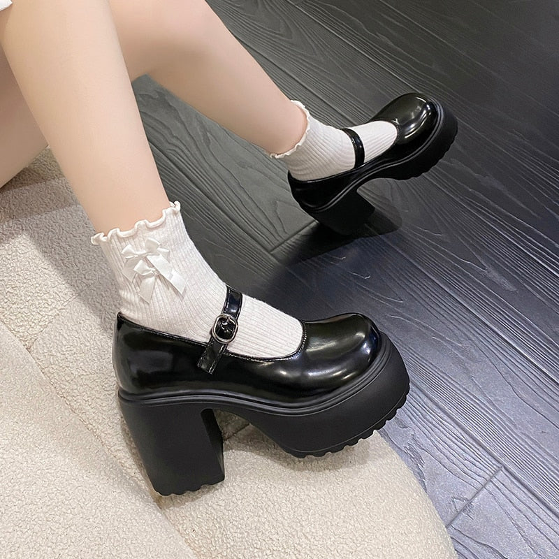 Black White Mary Jane Platform Shoes Chunky Heels Kawaii Babe