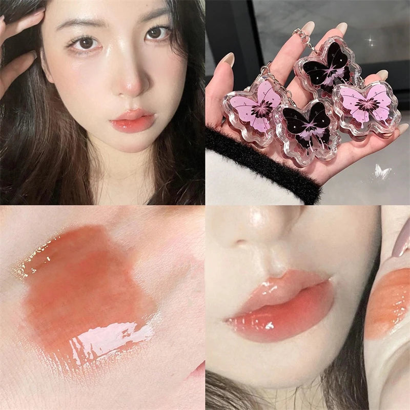 Butterfly Lip Gloss Keychain with Mirror and Cute Glossy Lip Color