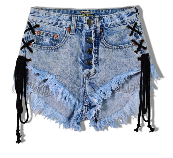 jean denim lace up shorts corset style high waisted acid wash punk rock edgy sexy distressed jeans by kawaii babe