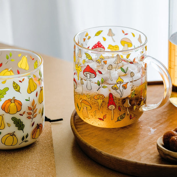 Cottagecore mushroom glass mug - cottagecore - drinkware - earthy - glassware - kawaii