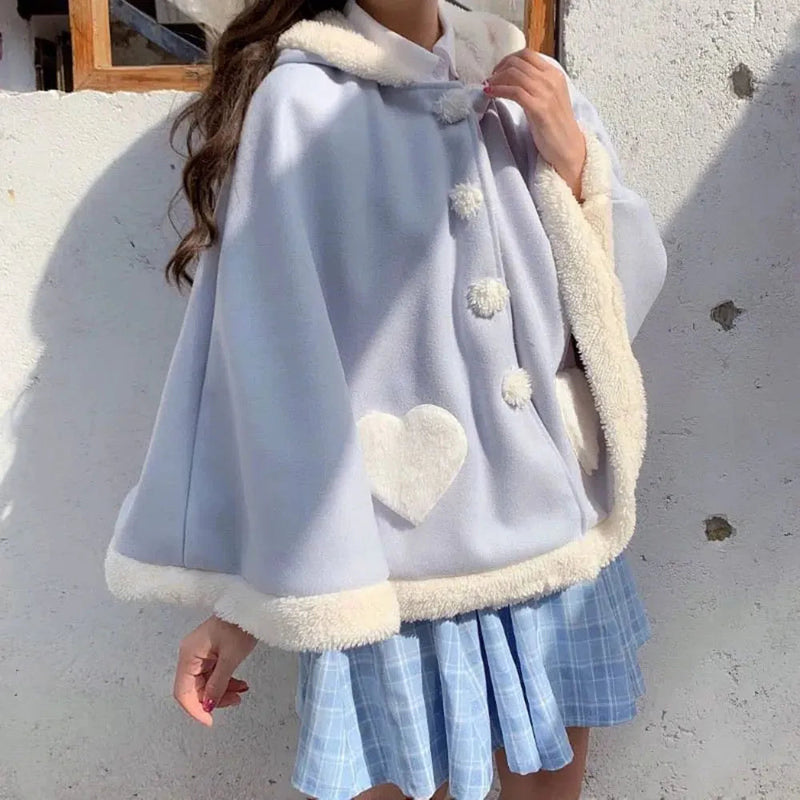 Cozy blue winter poncho - cape - fleece - hooded - hoodie - kawaii