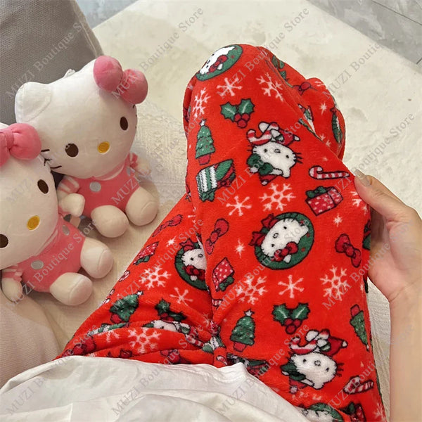 Cozy holiday kawaii kitty pajama pants - fuzzy pants - pajama - pajamas - pj