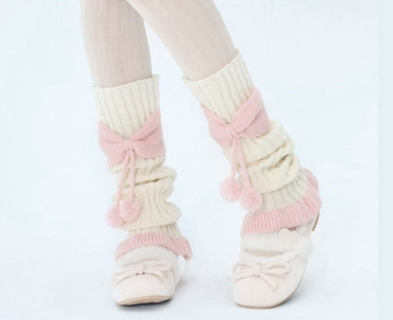 Cozy pink ribbed bow leg warmers - bows - kawaii - knit - leg warmers - pink