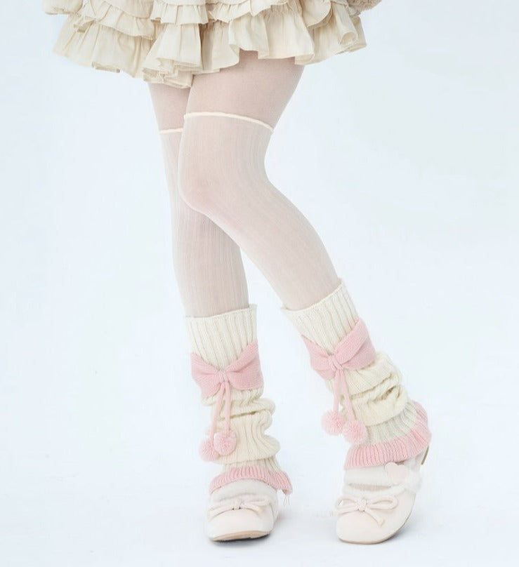 Cozy pink ribbed bow leg warmers - bows - kawaii - knit - leg warmers - pink