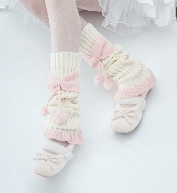 Cozy pink ribbed bow leg warmers - bows - kawaii - knit - leg warmers - pink