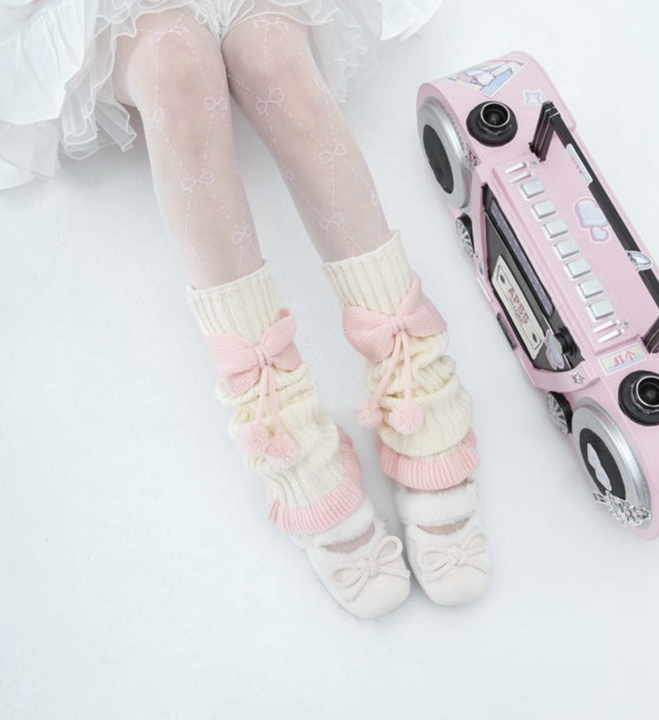 Cozy pink ribbed bow leg warmers - bows - kawaii - knit - leg warmers - pink