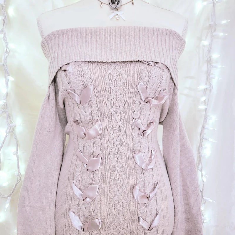 Cozy ribbon slouchy sweater dress - cable knit - dresses - kawaii - knitted