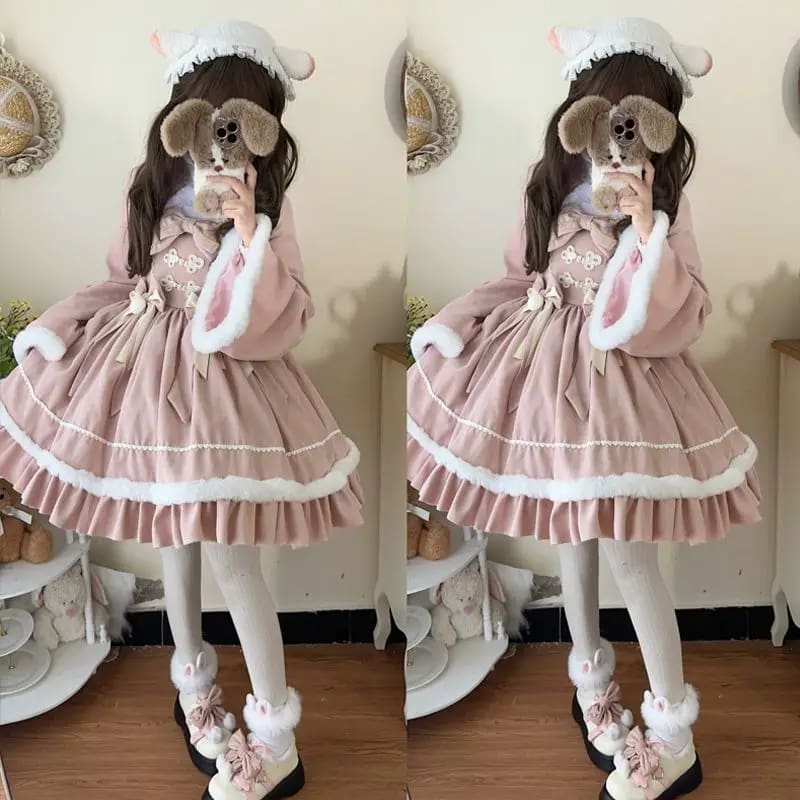 Kawaii cozy winter wonderland pink long sleeve lolita jsk dress