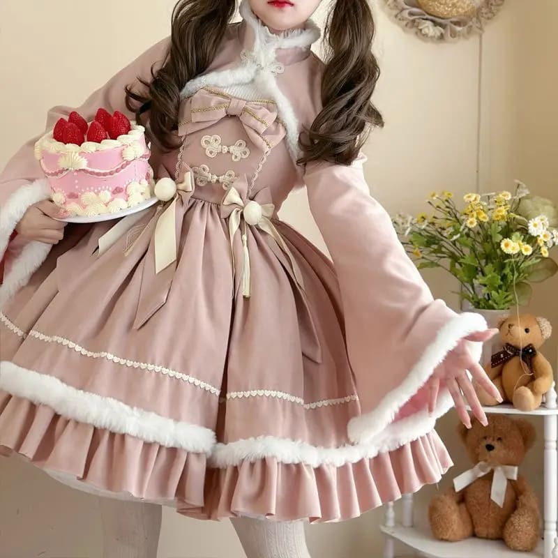 Kawaii cozy winter wonderland pink long sleeve lolita jsk dress