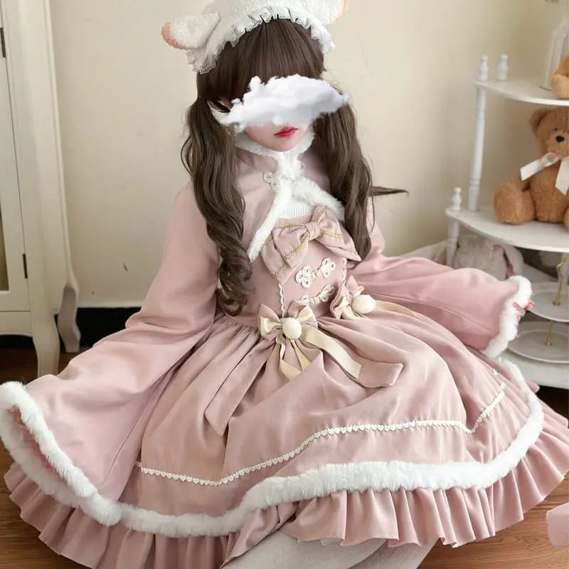 Cozy Winter Wonderland Pink Long Sleeve Lolita JSK Dress JSK and Coat 1 / M Cozy Winter Wonderland Pink Long Sleeve Lolita JSK Dress JSK and Coat 1 / M