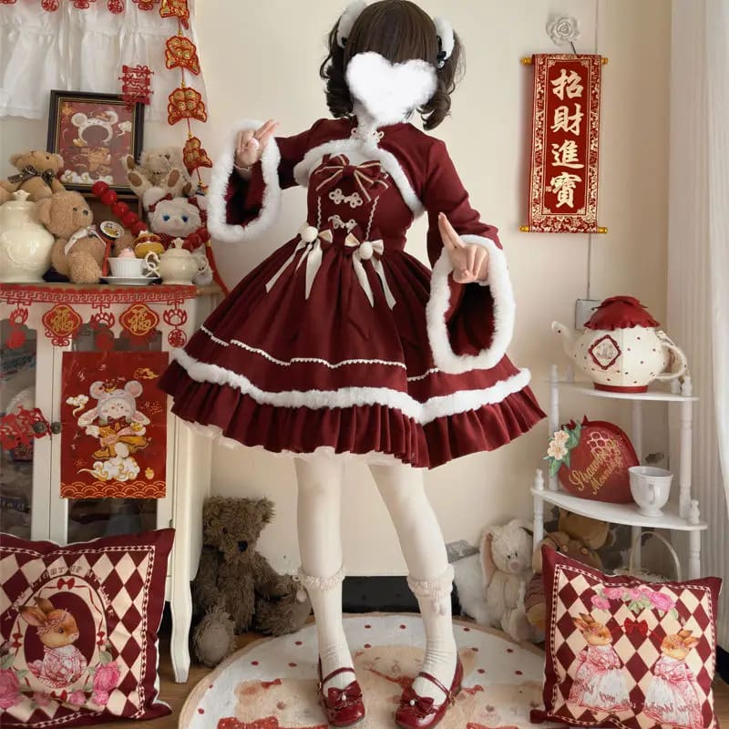 Cozy Winter Wonderland Pink Long Sleeve Lolita JSK Dress JSK and Coat / L Cozy Winter Wonderland Pink Long Sleeve Lolita JSK Dress JSK and Coat / L