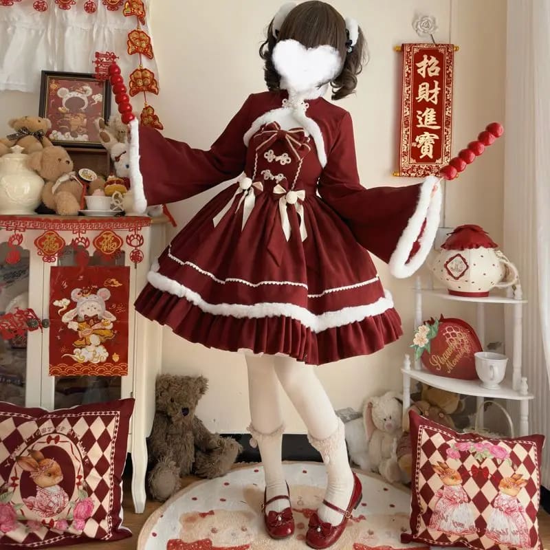 Kawaii cozy winter wonderland pink long sleeve lolita jsk dress