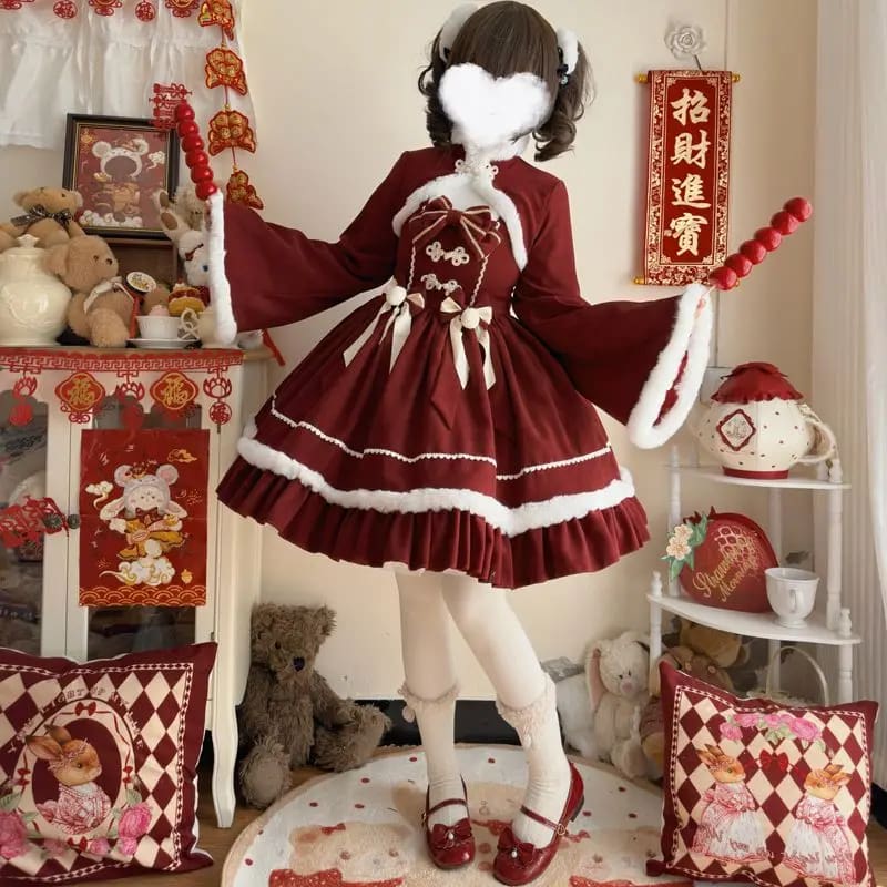 Cozy Winter Wonderland Pink Long Sleeve Lolita JSK Dress JSK and coat 1 / M Cozy Winter Wonderland Pink Long Sleeve Lolita JSK Dress JSK and coat 1 / M
