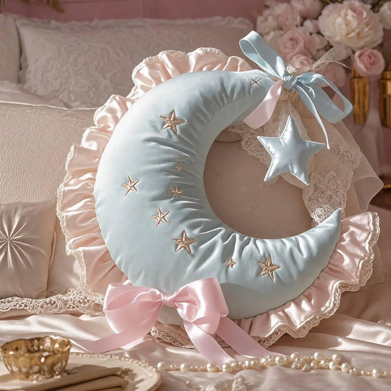 Crescent Moon Pillow | Kawaii Celestial Star Ruffle Decorative